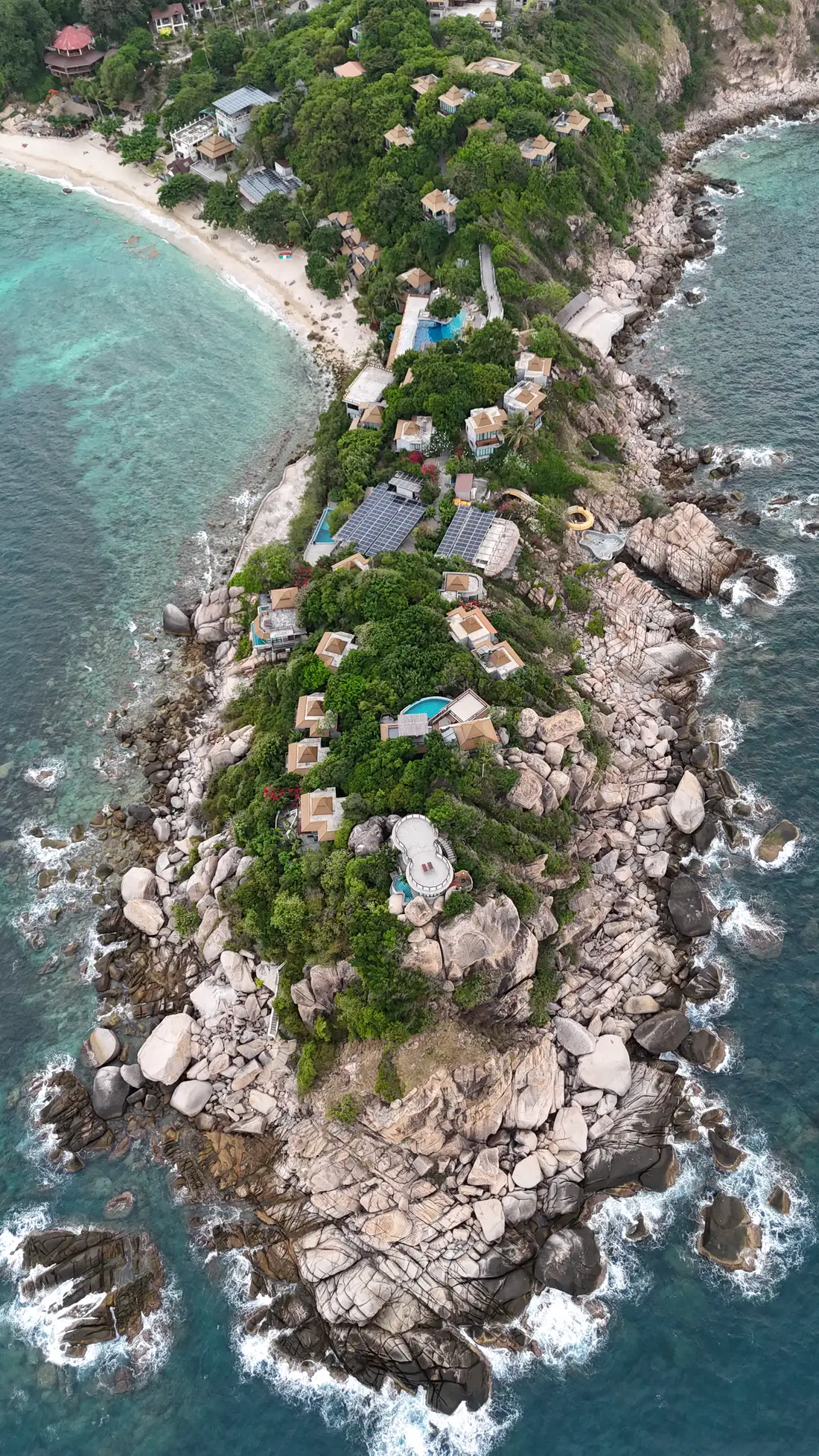 The resort's headland from directly above, between two bays